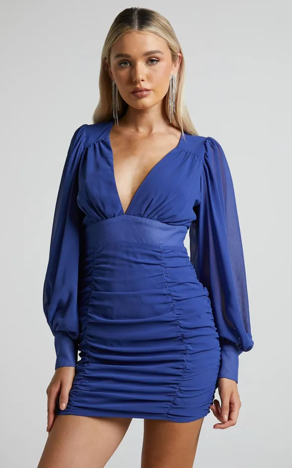Showpo Hollis Mini Dress 8211 Ruched Long Sleeve Plunge Neck Dress In Cobalt Women Dresses