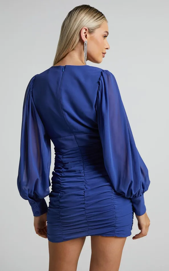 Showpo Hollis Mini Dress 8211 Ruched Long Sleeve Plunge Neck Dress In Cobalt Women Dresses
