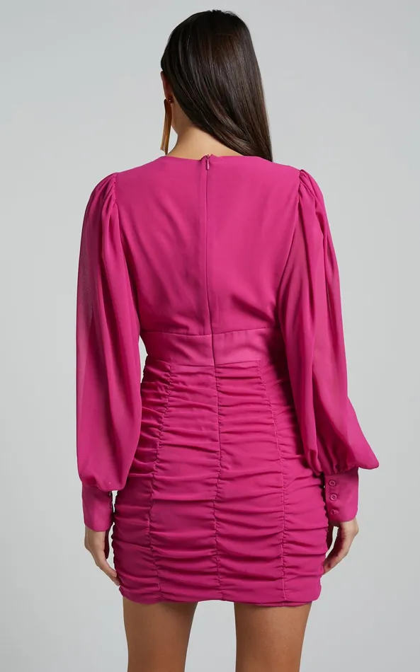 Showpo Hollis Mini Dress 8211 Ruched Long Sleeve Plunge Neck Dress In Hot Pink Women Dresses