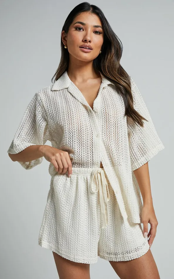 Showpo Holly Two Piece Set 8211 Crochet Short Sleeve Shirt and Shorts Set In Cream Women Two Piece Sets and Coords