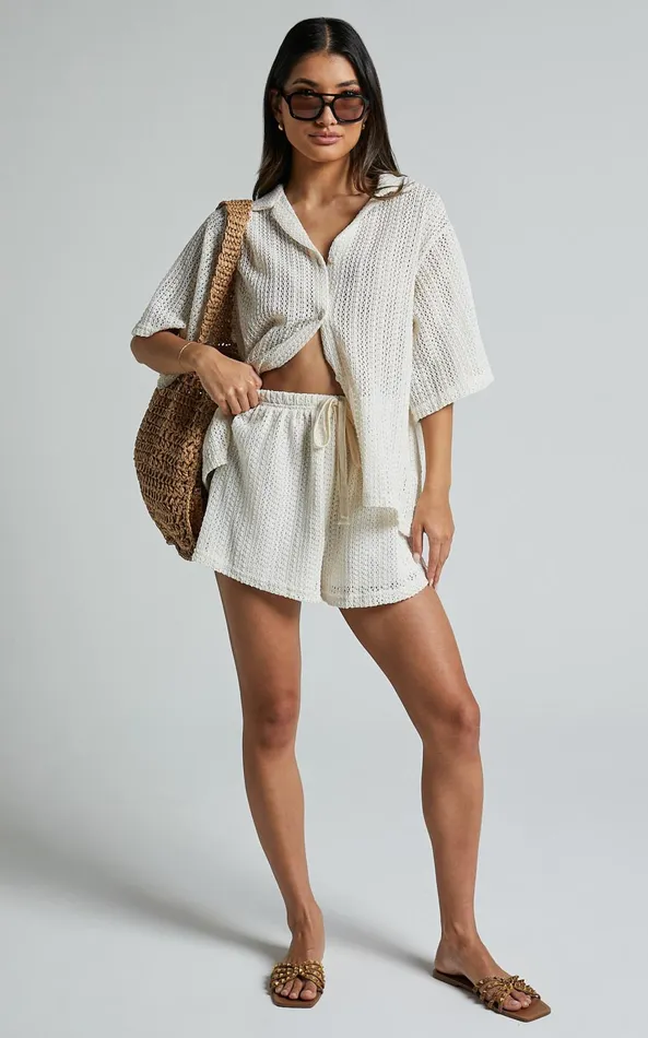 Showpo Holly Two Piece Set 8211 Crochet Short Sleeve Shirt and Shorts Set In Cream Women Two Piece Sets and Coords