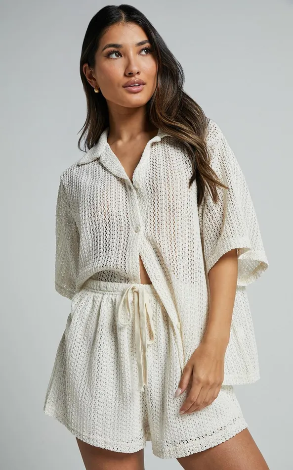 Showpo Holly Two Piece Set 8211 Crochet Short Sleeve Shirt and Shorts Set In Cream Women Two Piece Sets and Coords