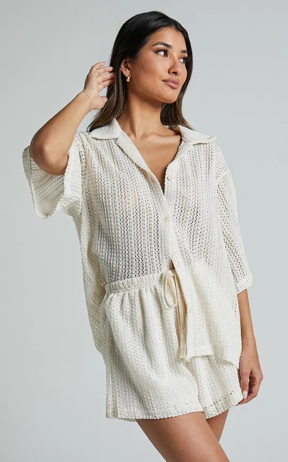 Showpo Holly Two Piece Set 8211 Crochet Short Sleeve Shirt and Shorts Set In Cream Women Two Piece Sets and Coords