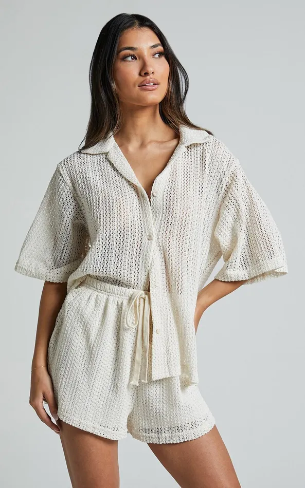 Showpo Holly Two Piece Set 8211 Crochet Short Sleeve Shirt and Shorts Set In Cream Women Two Piece Sets and Coords
