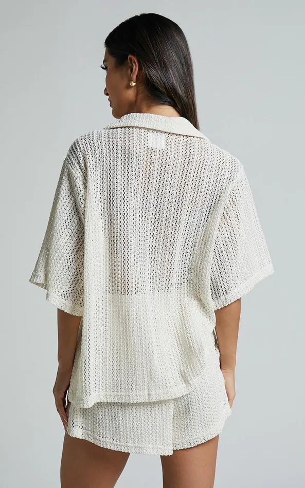 Showpo Holly Two Piece Set 8211 Crochet Short Sleeve Shirt and Shorts Set In Cream Women Two Piece Sets and Coords