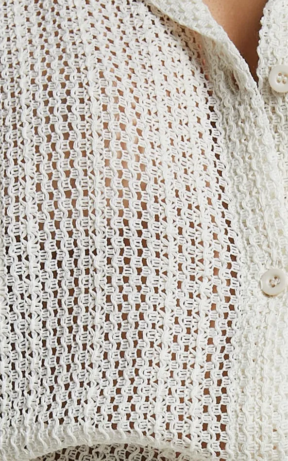 Showpo Holly Two Piece Set 8211 Crochet Short Sleeve Shirt and Shorts Set In Cream Women Two Piece Sets and Coords