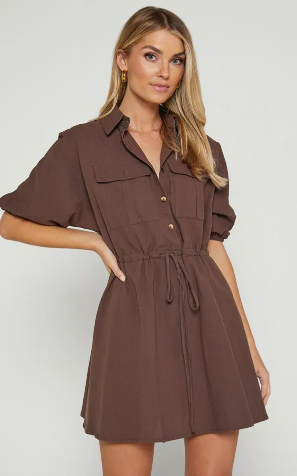 Showpo Holly Utility Tie Waist Mini Dress In Chocolate Women Dresses