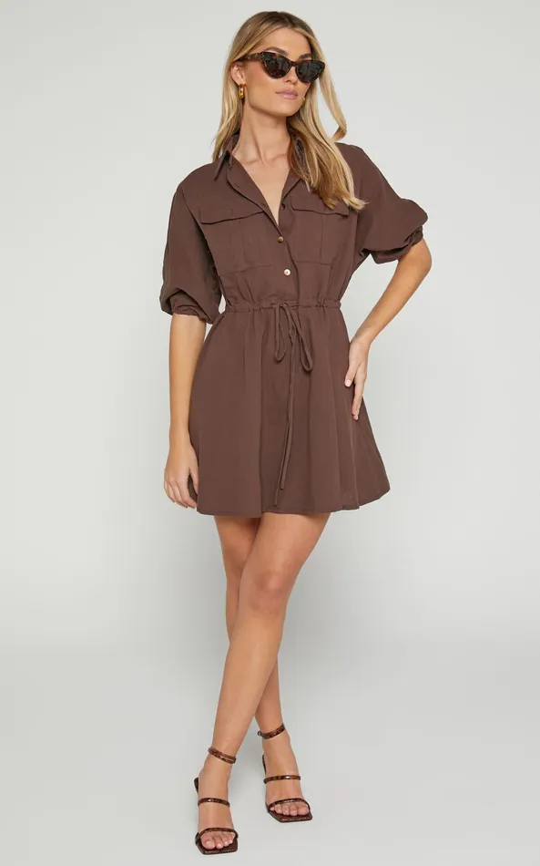 Showpo Holly Utility Tie Waist Mini Dress In Chocolate Women Dresses