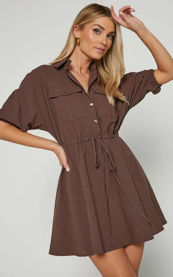 Showpo Holly Utility Tie Waist Mini Dress In Chocolate Women Dresses