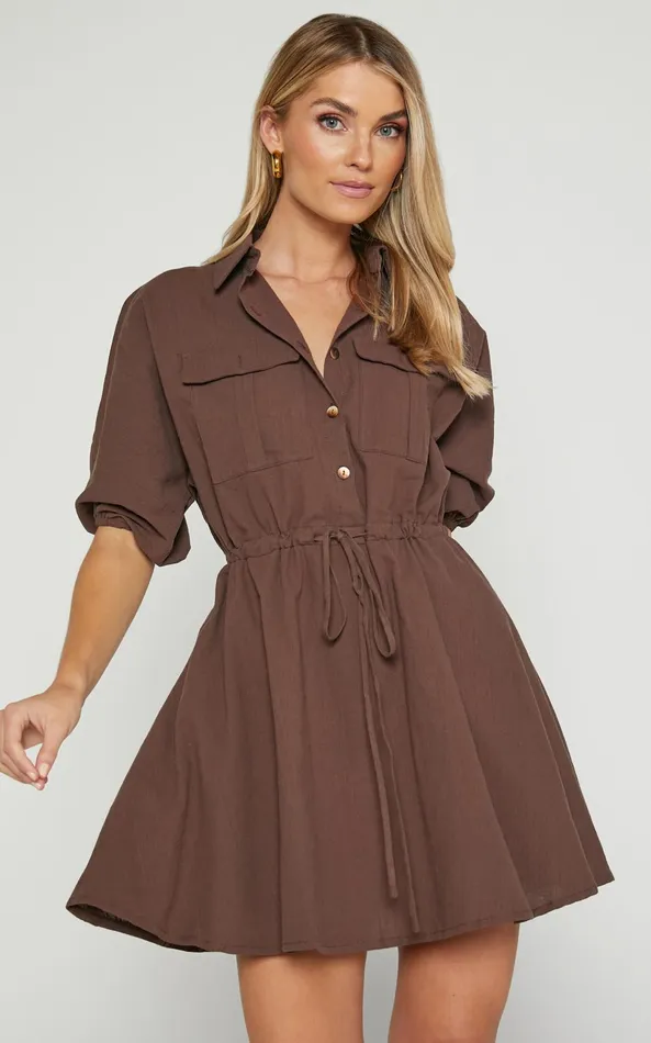 Showpo Holly Utility Tie Waist Mini Dress In Chocolate Women Dresses
