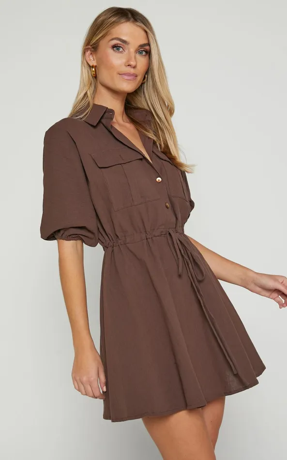 Showpo Holly Utility Tie Waist Mini Dress In Chocolate Women Dresses
