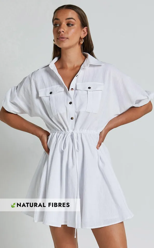 Showpo Holly Utility Tie Waist Mini Dress In White Women Dresses