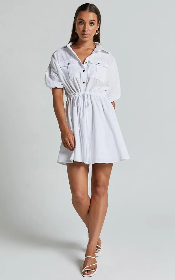 Showpo Holly Utility Tie Waist Mini Dress In White Women Dresses