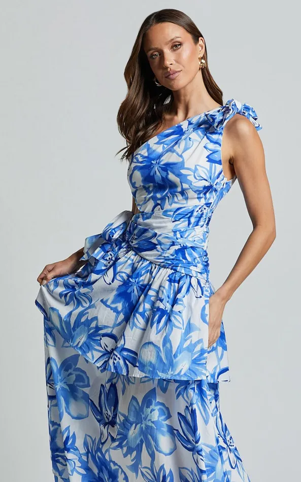 Showpo Honolulu Midi Dress 8211 One Shoulder Tiered Dress In Blue And White Print Women Dresses