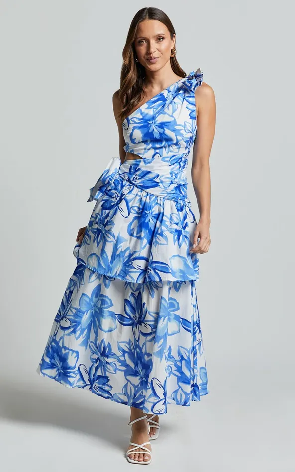 Showpo Honolulu Midi Dress 8211 One Shoulder Tiered Dress In Blue And White Print Women Dresses