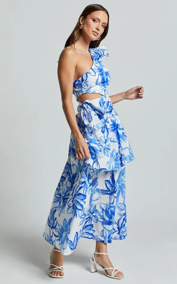 Showpo Honolulu Midi Dress 8211 One Shoulder Tiered Dress In Blue And White Print Women Dresses