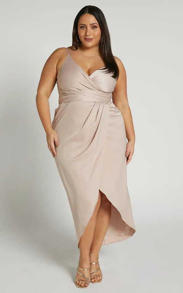 Showpo How Will I Know Midi Dress 8211 Wrap Waist Tie Tulip Hem Dress In Champagne Women Dresses