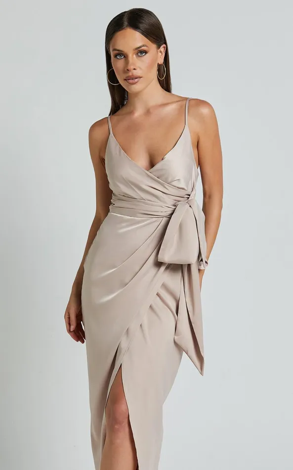 Showpo How Will I Know Midi Dress 8211 Wrap Waist Tie Tulip Hem Dress In Champagne Women Dresses