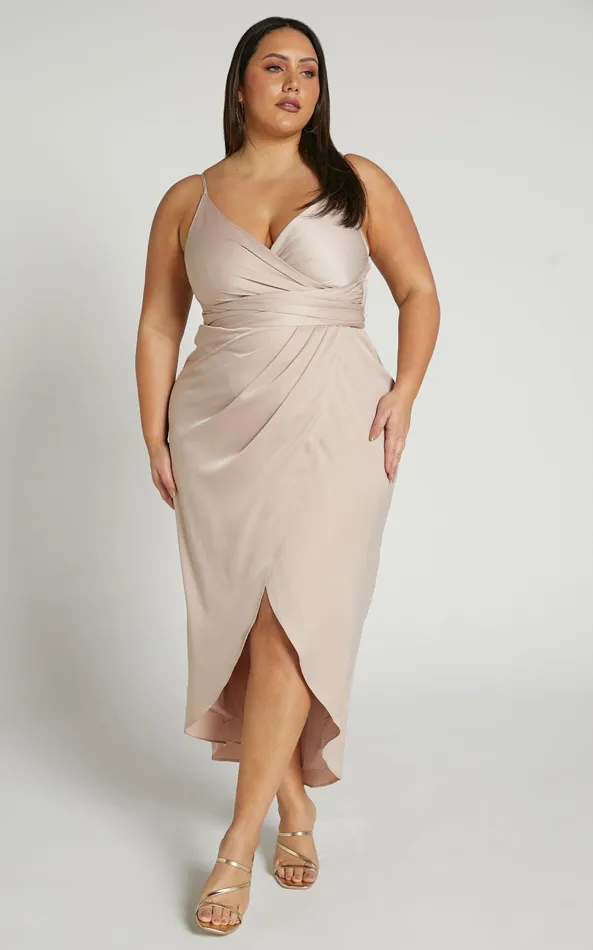 Showpo How Will I Know Midi Dress 8211 Wrap Waist Tie Tulip Hem Dress In Champagne Women Dresses