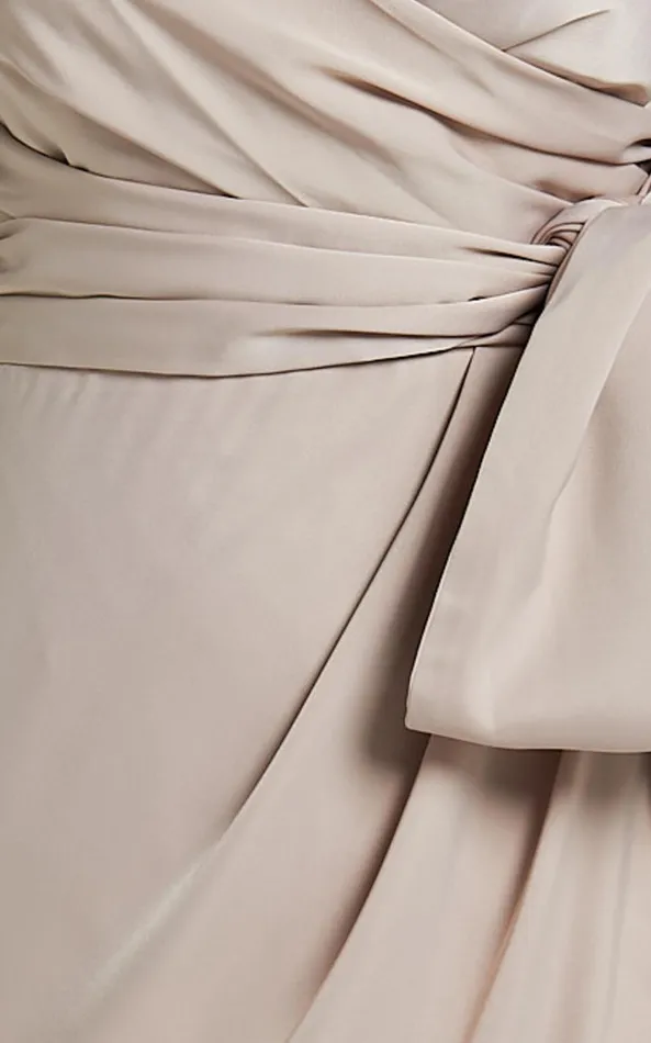 Showpo How Will I Know Midi Dress 8211 Wrap Waist Tie Tulip Hem Dress In Champagne Women Dresses