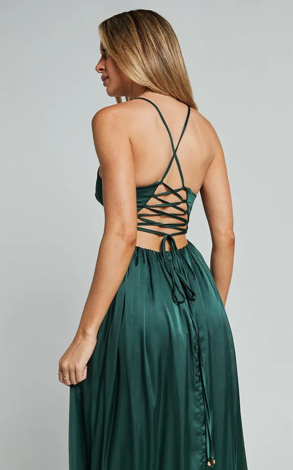 Showpo I Want The World To Know Midi Dress 8211 Thigh Split Tie Back Dress In Emerald Women Dresses