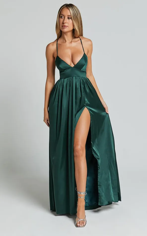 Showpo I Want The World To Know Midi Dress 8211 Thigh Split Tie Back Dress In Emerald Women Dresses