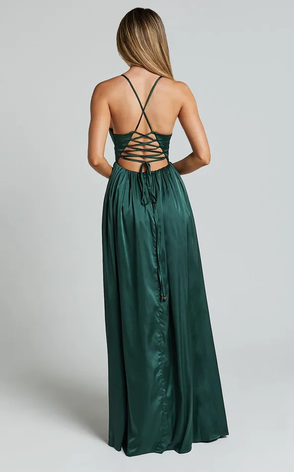 Showpo I Want The World To Know Midi Dress 8211 Thigh Split Tie Back Dress In Emerald Women Dresses
