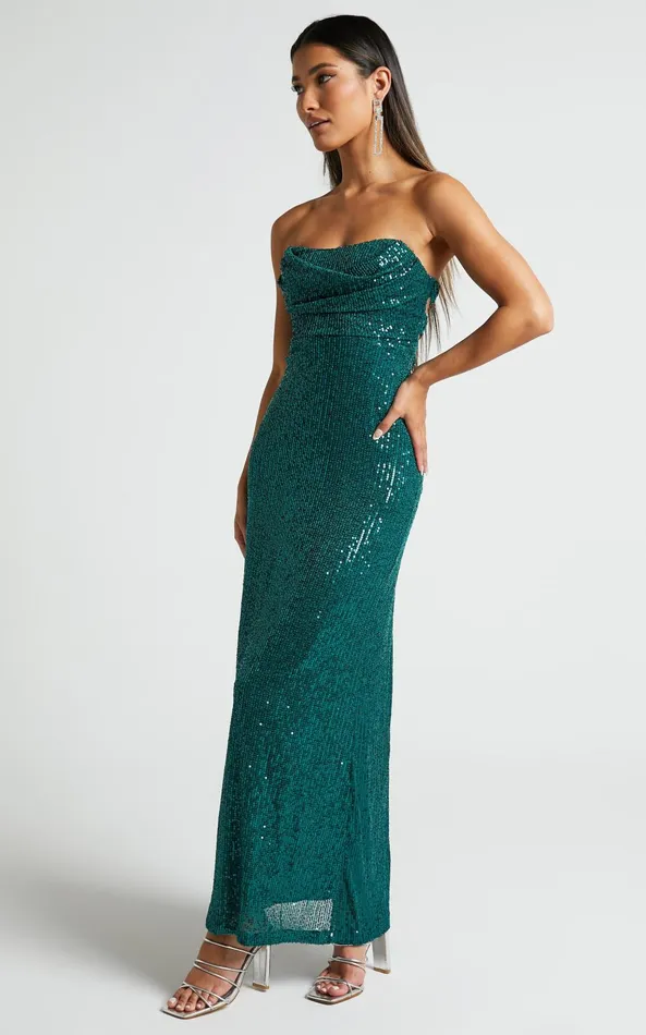 Showpo Ibiza Midi Dress 8211 Scoop Neck Strapless Bustier Sequin Dress In Emerald Women Dresses