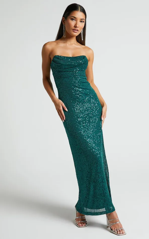 Showpo Ibiza Midi Dress 8211 Scoop Neck Strapless Bustier Sequin Dress In Emerald Women Dresses