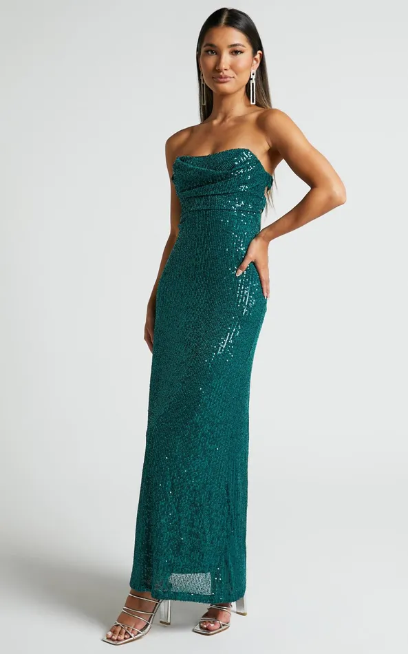 Showpo Ibiza Midi Dress 8211 Scoop Neck Strapless Bustier Sequin Dress In Emerald Women Dresses