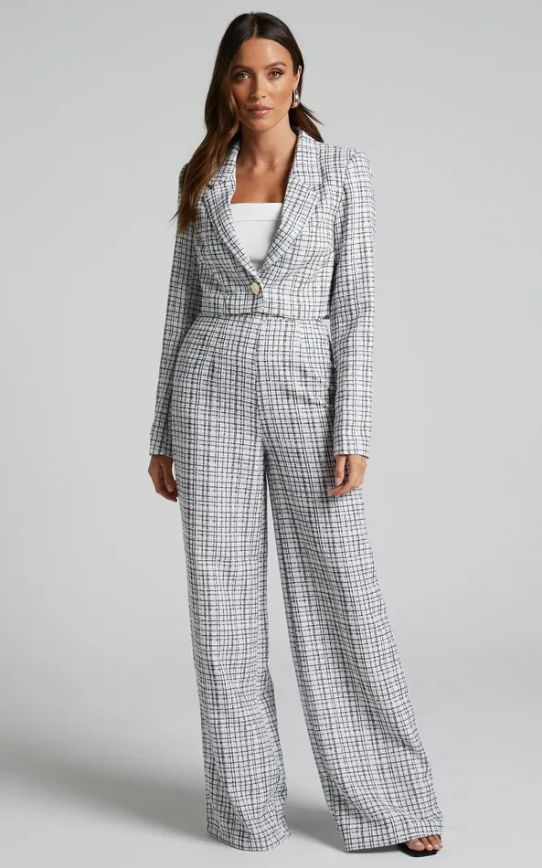 Showpo Icie Pants 8211 High Waisted Tweed Wide Leg Pants In White and Black Women Curve Clothes