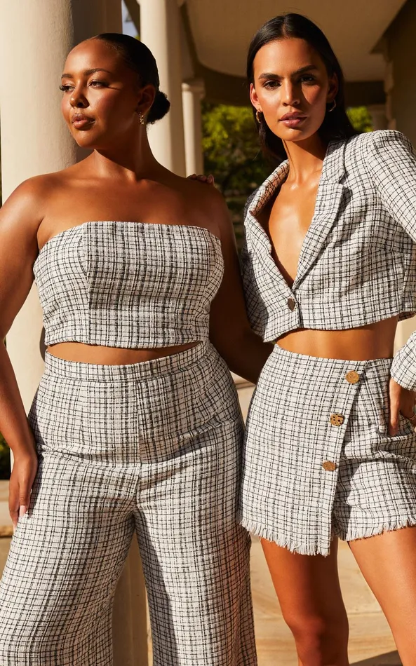 Showpo Icie Pants 8211 High Waisted Tweed Wide Leg Pants In White and Black Women Curve Clothes