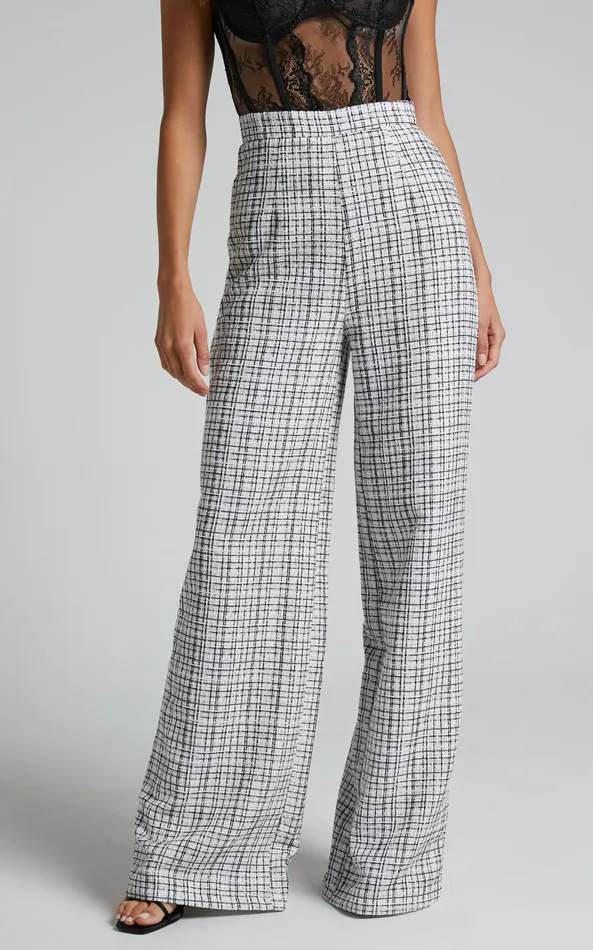 Showpo Icie Pants 8211 High Waisted Tweed Wide Leg Pants In White and Black Women Curve Clothes