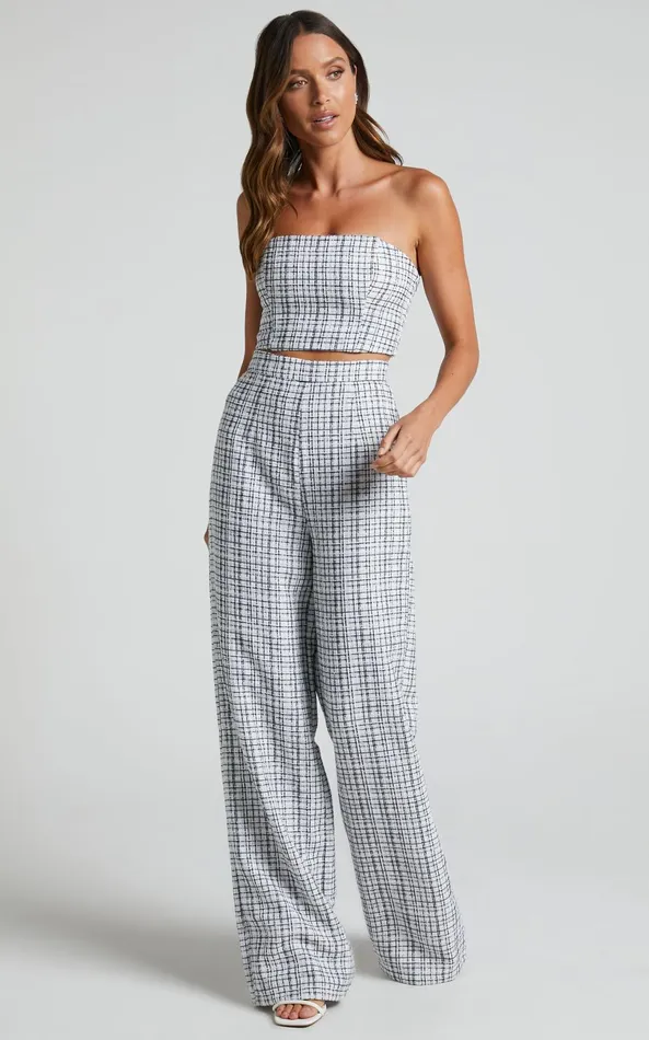 Showpo Icie Pants 8211 High Waisted Tweed Wide Leg Pants In White and Black Women Curve Clothes