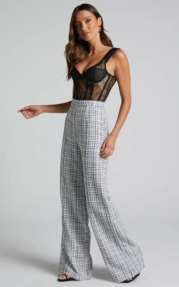 Showpo Icie Pants 8211 High Waisted Tweed Wide Leg Pants In White and Black Women Curve Clothes