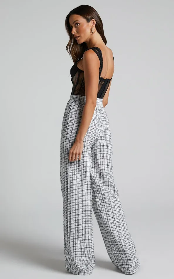 Showpo Icie Pants 8211 High Waisted Tweed Wide Leg Pants In White and Black Women Curve Clothes