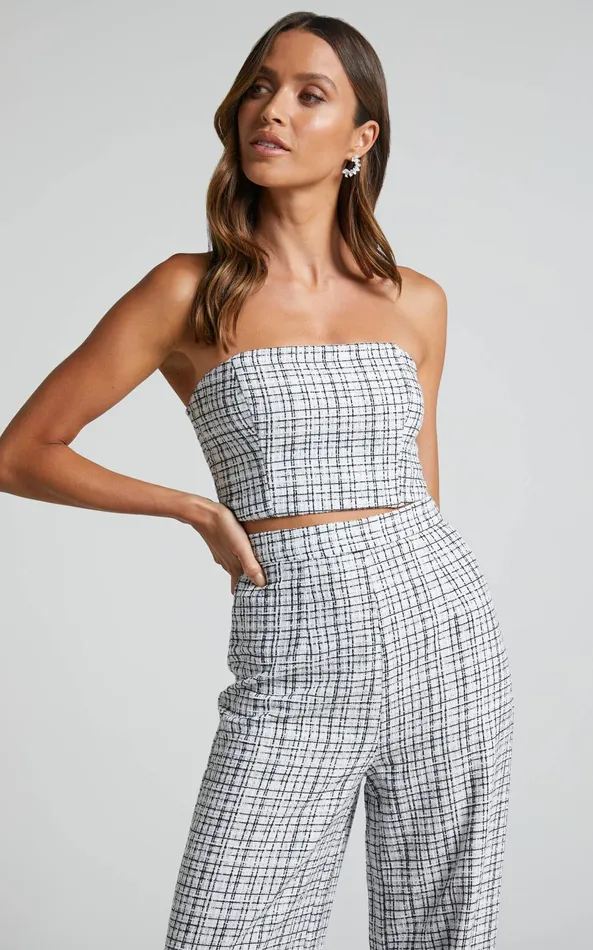 Showpo Icie Top 8211 Tweed Strapless Crop Top In White and Black Women Tops