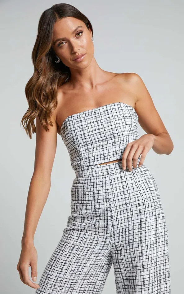 Showpo Icie Top 8211 Tweed Strapless Crop Top In White and Black Women Tops