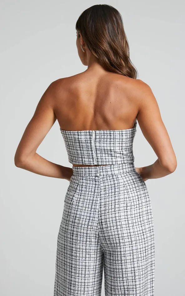 Showpo Icie Top 8211 Tweed Strapless Crop Top In White and Black Women Tops