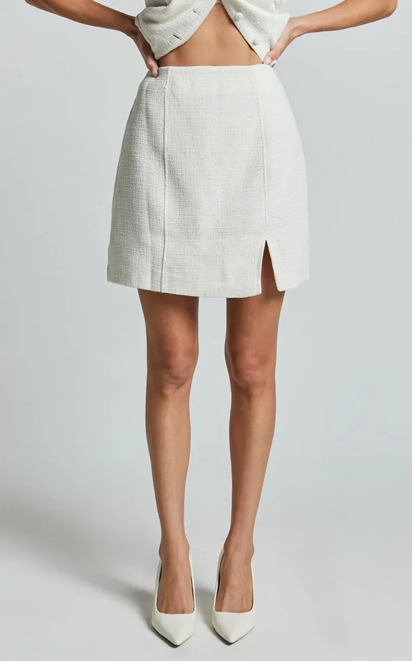 Showpo Iggy Mini Skirt 8211 High Waist Split Boucle Skirt In Cream Women Skirts