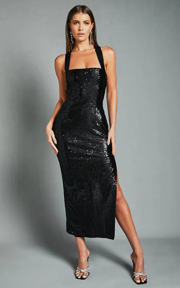 Showpo Ilena Midi Dress 8211 Square Neck Side Split In Black Women Dresses
