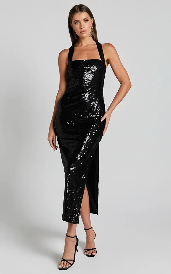 Showpo Ilena Midi Dress 8211 Square Neck Side Split In Black Women Dresses