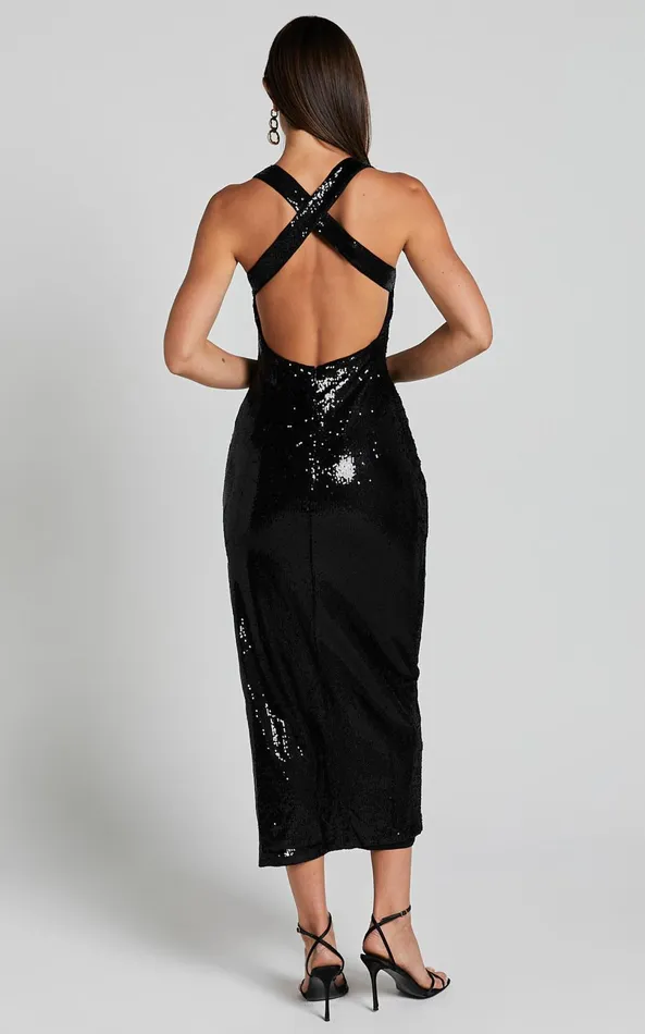 Showpo Ilena Midi Dress 8211 Square Neck Side Split In Black Women Dresses