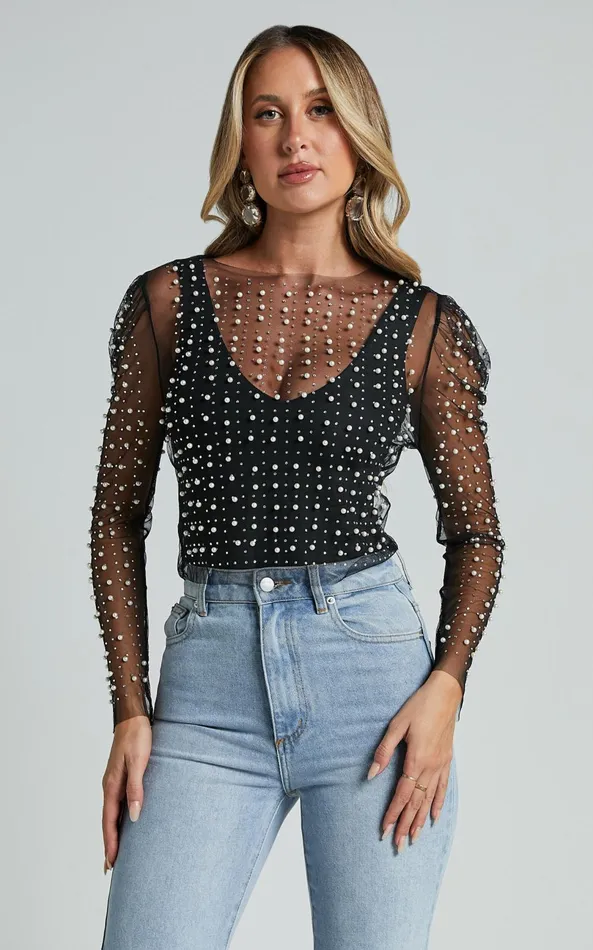 Showpo Illiana Top 8211 Pearl Mesh Gathered Long Sleeve Top In Black Women Tops Showpo Illiana Top 8211 Pearl Mesh Gathered Long Sleeve Top In Black Women Tops