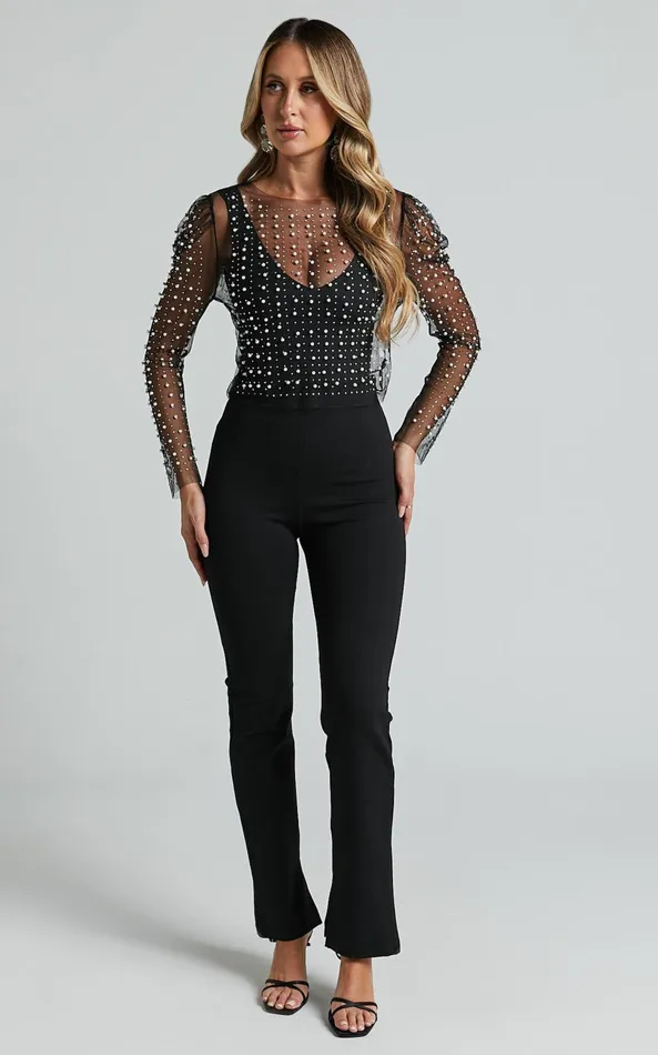 Showpo Illiana Top 8211 Pearl Mesh Gathered Long Sleeve Top In Black Women Tops
