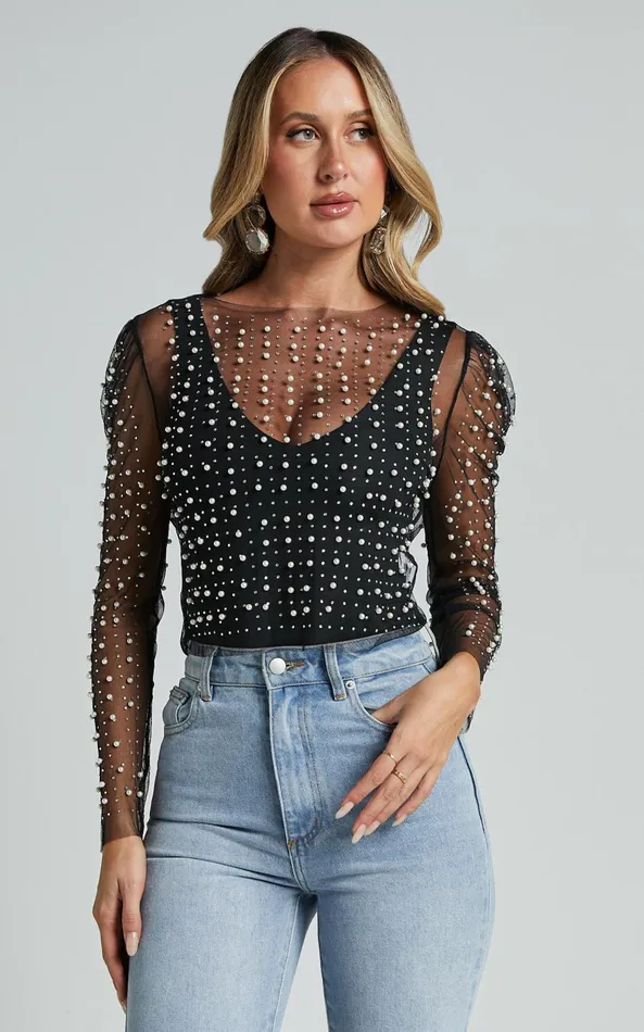 Showpo Illiana Top 8211 Pearl Mesh Gathered Long Sleeve Top In Black Women Tops