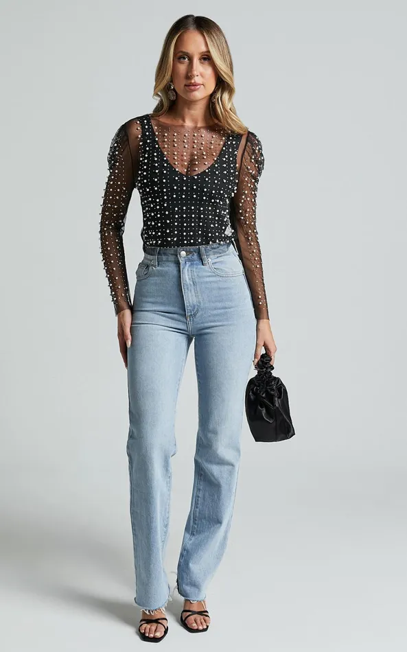 Showpo Illiana Top 8211 Pearl Mesh Gathered Long Sleeve Top In Black Women Tops