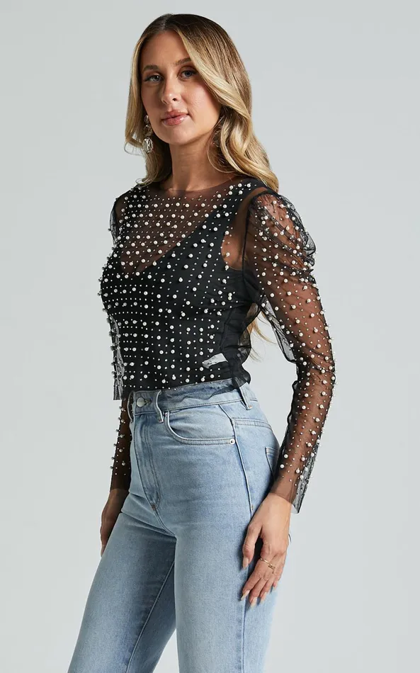 Showpo Illiana Top 8211 Pearl Mesh Gathered Long Sleeve Top In Black Women Tops
