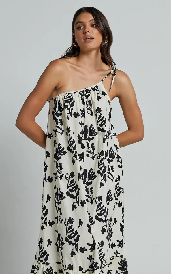 Showpo Illyana Midi Dress 8211 Asymmetric One Shoulder Frill Hem Dress In White And Black Print Women Dresses