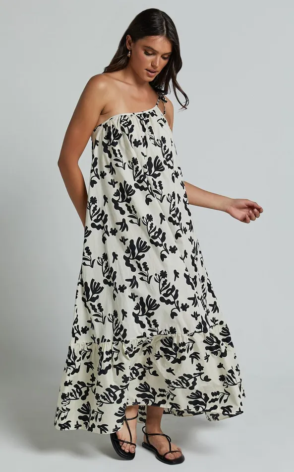 Showpo Illyana Midi Dress 8211 Asymmetric One Shoulder Frill Hem Dress In White And Black Print Women Dresses